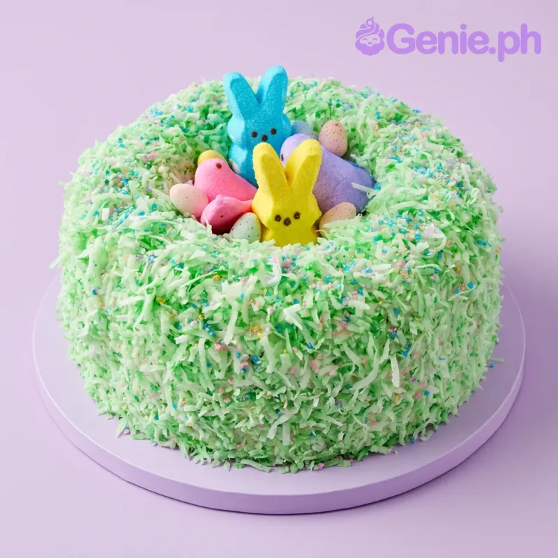 A light green 1 Tier cake themed around Easter Nest, featuring marshmallow bunnies and speckled candy eggs. A light green 1 Tier cake themed around Easter Nest, featuring marshmallow bunnies and speckled candy eggs.