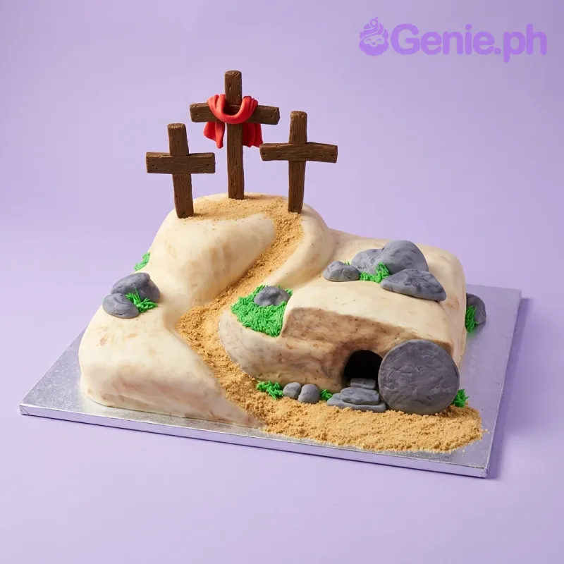 A beige 1 Tier Fondant Easter Religious cake, depicting an empty tomb with three crosses and a rolled stone. A beige 1 Tier Fondant Easter Religious cake, depicting an empty tomb with three crosses and a rolled stone.