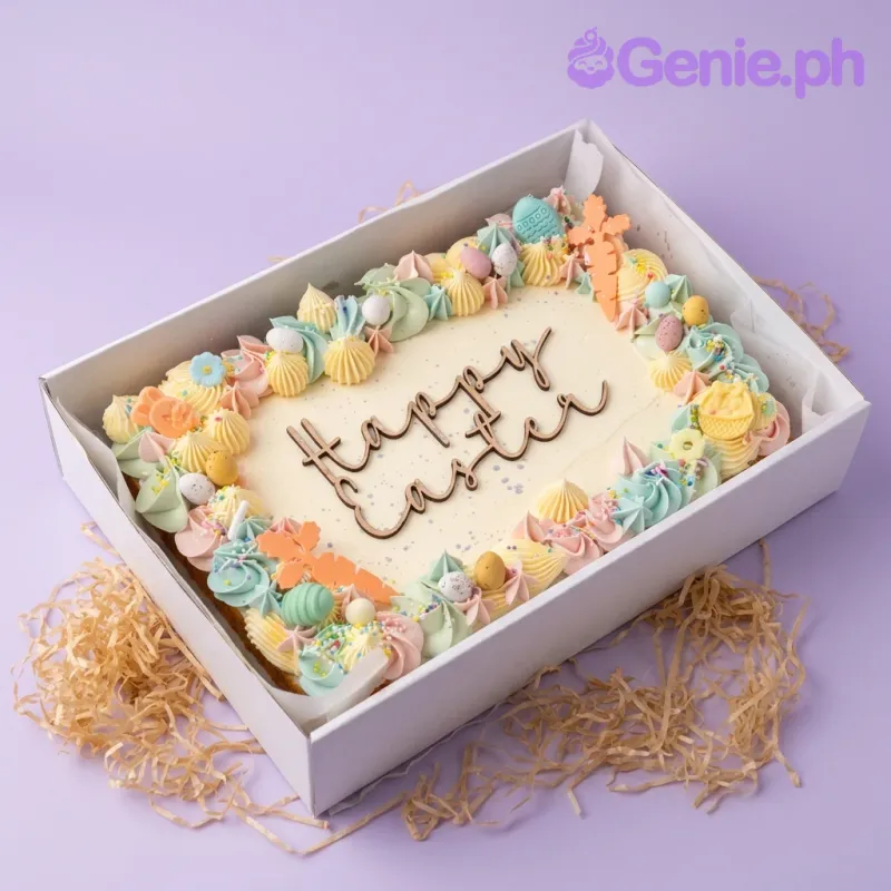 A white and pastel rectangular Easter cake, featuring a 'Happy Easter' wooden topper, rosettes, and chocolate eggs. A white and pastel rectangular Easter cake, featuring a 'Happy Easter' wooden topper, rosettes, and chocolate eggs.