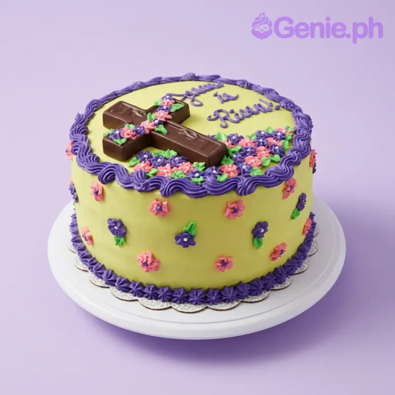 A yellow 1-tier cake themed around Easter, featuring a chocolate cross and 'Jesus is Risen!' message with purple and pink icing flowers. A yellow 1-tier cake themed around Easter, featuring a chocolate cross and 'Jesus is Risen!' message with purple and pink icing flowers.