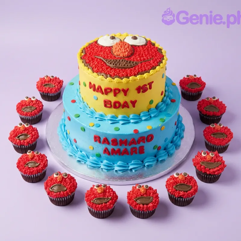 A yellow and light blue two-tier cake themed around Elmo, featuring a piped Elmo face and colorful icing dots with red text. A yellow and light blue two-tier cake themed around Elmo, featuring a piped Elmo face and colorful icing dots with red text.