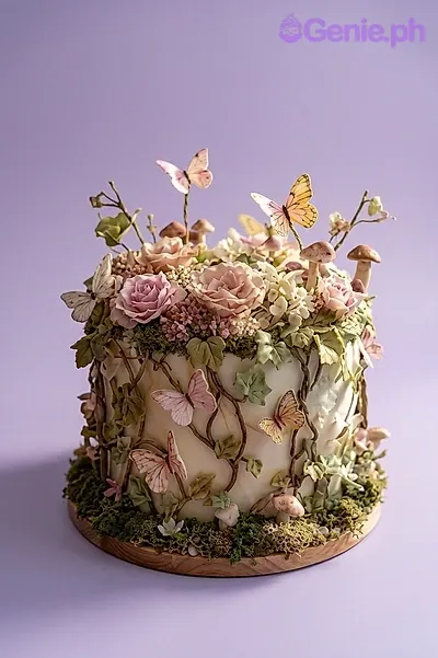 A white, pink, green 1 Tier cake themed as Enchanted Forest, featuring pink roses, butterflies, mushrooms, and a mossy base. A white, pink, green 1 Tier cake themed as Enchanted Forest, featuring pink roses, butterflies, mushrooms, and a mossy base.