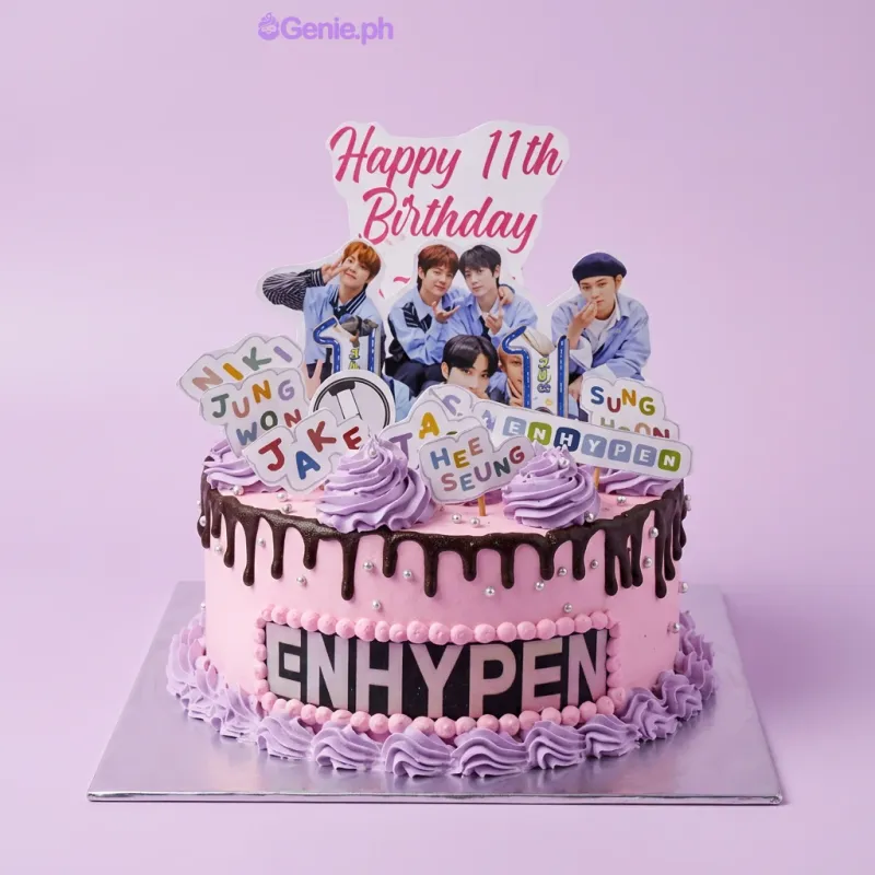 Pink 1-tier birthday cake with Enhypen photo topper and chocolate drip Pink 1-tier birthday cake with Enhypen photo topper and chocolate drip