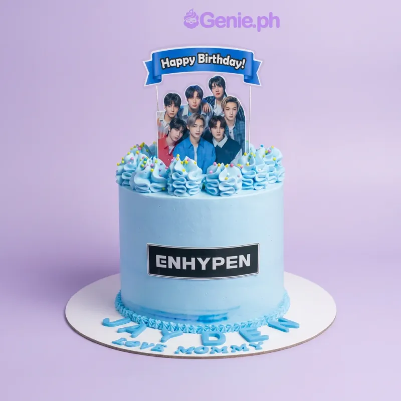 Light blue 1-tier birthday cake with ENHYPEN photo banner and logo Light blue 1-tier birthday cake with ENHYPEN photo banner and logo