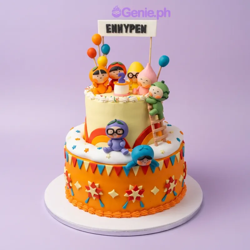 2-tier yellow and orange fondant cake with Enhypen character figurines and rainbow decorations 2-tier yellow and orange fondant cake with Enhypen character figurines and rainbow decorations