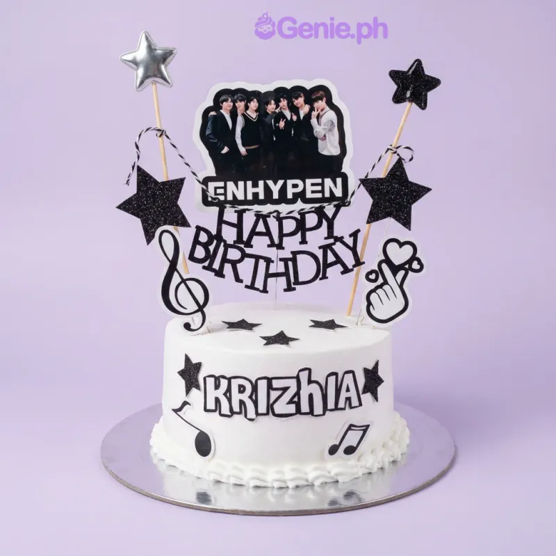 One tier white cake with Enhypen group photo, Happy Birthday banner, music notes, finger heart, and glitter stars One tier white cake with Enhypen group photo, Happy Birthday banner, music notes, finger heart, and glitter stars