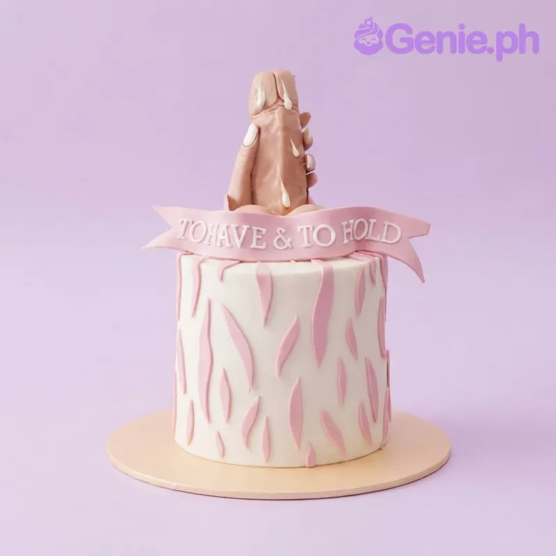 White 1-tier cake with soft icing, pink spots, a novelty topper, and a banner message White 1-tier cake with soft icing, pink spots, a novelty topper, and a banner message