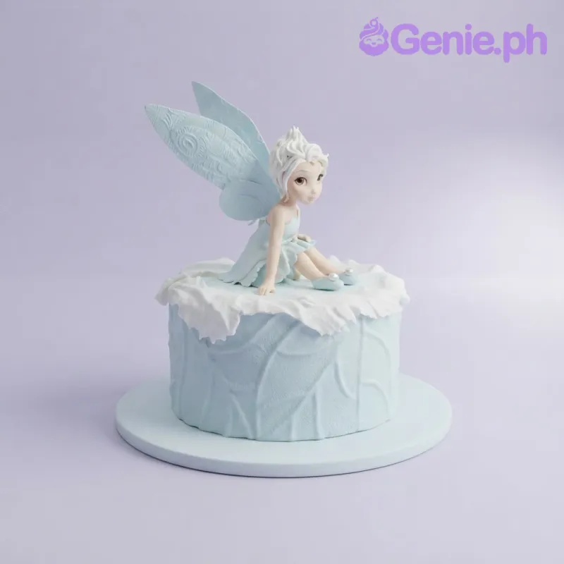 Light blue 1-tier fondant cake with a sitting fairy topper and leaf pattern side panels Light blue 1-tier fondant cake with a sitting fairy topper and leaf pattern side panels