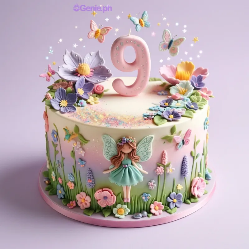 Pastel gradient 1-tier cake with a fairy topper, number nine candle, and fondant flowers and butterflies Pastel gradient 1-tier cake with a fairy topper, number nine candle, and fondant flowers and butterflies