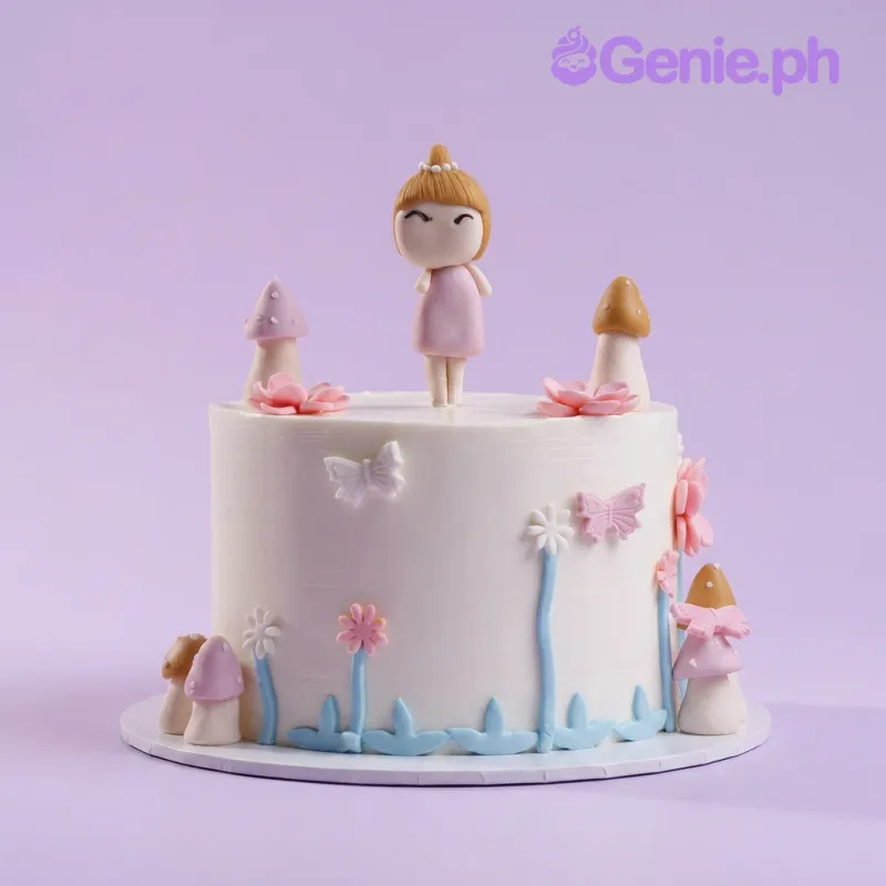 White 1-tier cake with a girl figurine topper, fondant mushrooms, and floral decorations White 1-tier cake with a girl figurine topper, fondant mushrooms, and floral decorations
