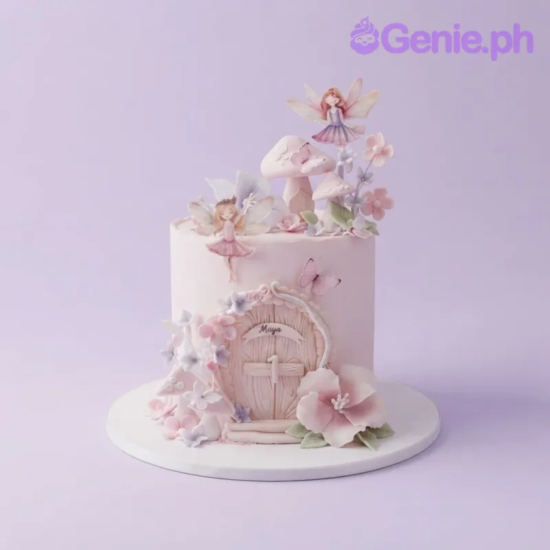 Peach 1-tier birthday cake with soft icing, fairy printouts, mushrooms, and a fairy door Peach 1-tier birthday cake with soft icing, fairy printouts, mushrooms, and a fairy door