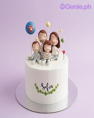 White 1-tier fondant cake with four handmade family figurines and a blue paw print balloon topper White 1-tier fondant cake with four handmade family figurines and a blue paw print balloon topper