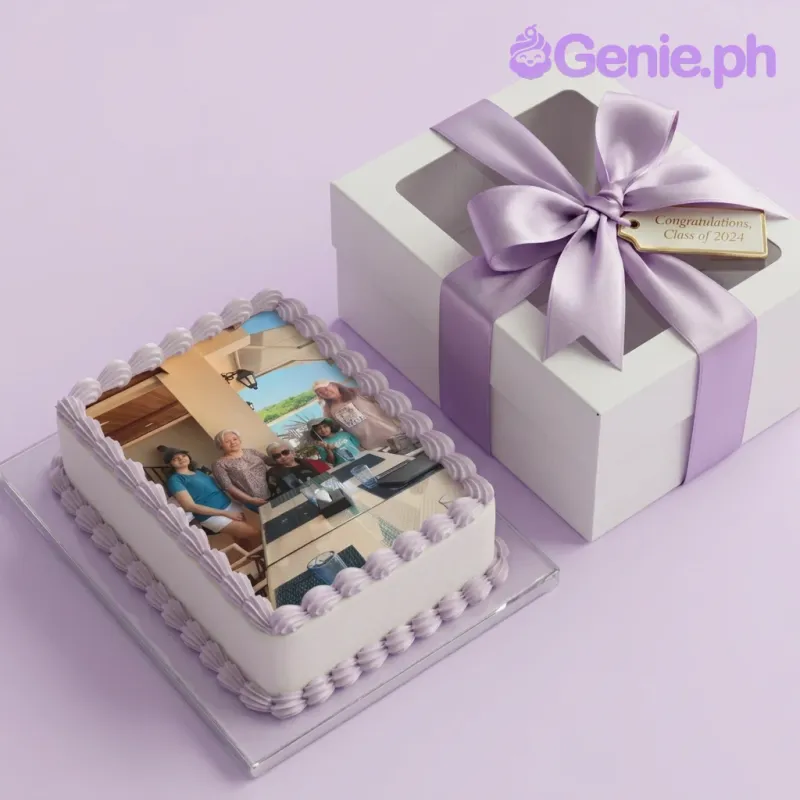 A white and lavender square cake themed around Family Photo, featuring a large edible family photo and lavender icing rosettes. A white and lavender square cake themed around Family Photo, featuring a large edible family photo and lavender icing rosettes.