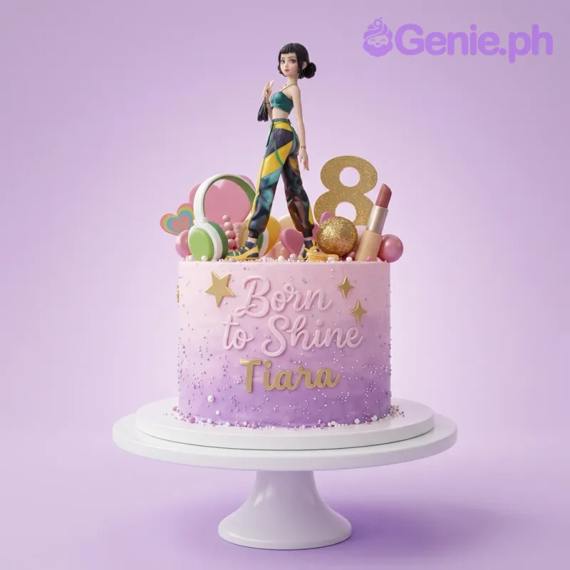 Purple and pink gradient cake with a 3D girl figurine, headphones, lipstick, and a glittery number 8 topper. Purple and pink gradient cake with a 3D girl figurine, headphones, lipstick, and a glittery number 8 topper.