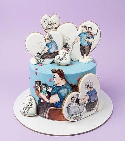 Light blue single tier cake with heart shaped printout toppers showing family scenes and a father figure on the side Light blue single tier cake with heart shaped printout toppers showing family scenes and a father figure on the side
