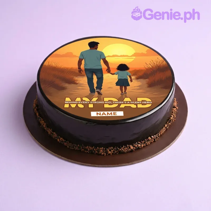 Black 1-tier cake with an edible photo print of a father and daughter walking into a sunset on top Black 1-tier cake with an edible photo print of a father and daughter walking into a sunset on top