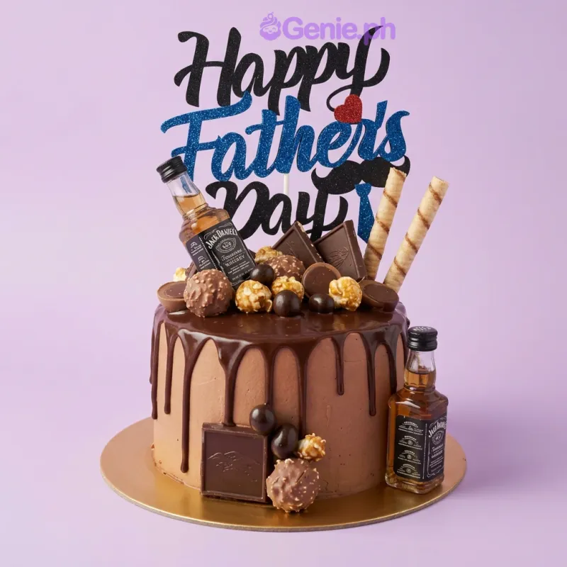 Chocolate drip cake for Father's Day with Jack Daniel's mini bottles, chocolates, and a blue glitter Happy Father's Day topper. Chocolate drip cake for Father's Day with Jack Daniel's mini bottles, chocolates, and a blue glitter Happy Father's Day topper.