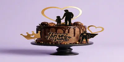 Chocolate drip cake for Father's Day with gold heart and father-son silhouette toppers, chocolate truffles, and gold crown accents. Chocolate drip cake for Father's Day with gold heart and father-son silhouette toppers, chocolate truffles, and gold crown accents.