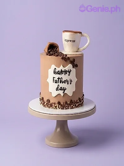 Brown coffee themed Father's Day cake with a 3D espresso cup topper and coffee bean decorations. Brown coffee themed Father's Day cake with a 3D espresso cup topper and coffee bean decorations.
