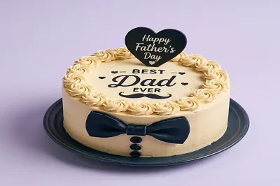 Beige 1-tier Father's Day cake with black bow tie and Best Dad Ever message Beige 1-tier Father's Day cake with black bow tie and Best Dad Ever message