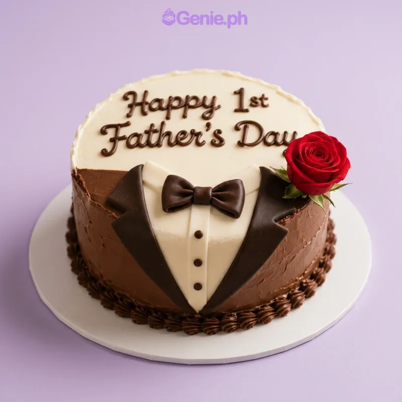 Brown and white tuxedo themed cake with a red rose and Happy 1st Father's Day message Brown and white tuxedo themed cake with a red rose and Happy 1st Father's Day message