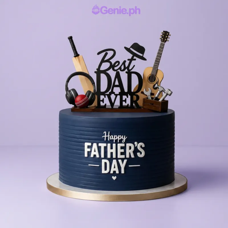 Navy blue single-tier cake for Father's Day with Best Dad Ever topper and hobby-themed decorations Navy blue single-tier cake for Father's Day with Best Dad Ever topper and hobby-themed decorations