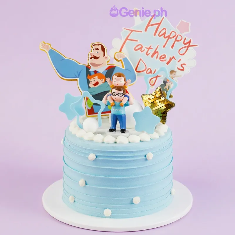 Light blue single-tier cake for Father's Day with a superhero dad printout and a father-child figurine topper Light blue single-tier cake for Father's Day with a superhero dad printout and a father-child figurine topper