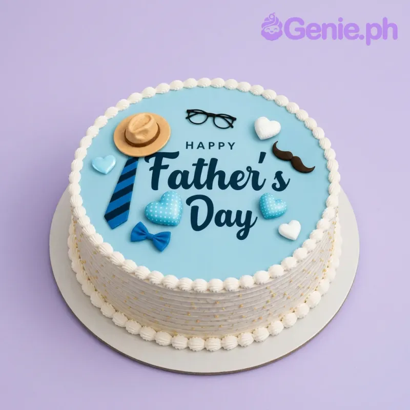 Light blue Father's Day cake with white icing borders, featuring a hat, tie, glasses, and mustache decorations. Light blue Father's Day cake with white icing borders, featuring a hat, tie, glasses, and mustache decorations.