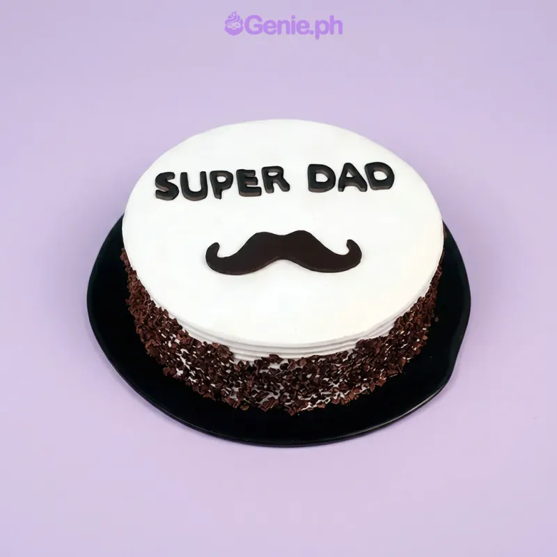 White 1-tier cake for Father's Day with a black fondant mustache topper and Super Dad message White 1-tier cake for Father's Day with a black fondant mustache topper and Super Dad message