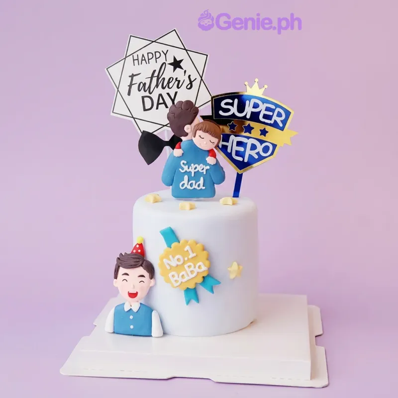 White 1-tier fondant cake for Father's Day with Super Dad and boy figures and printed signs White 1-tier fondant cake for Father's Day with Super Dad and boy figures and printed signs
