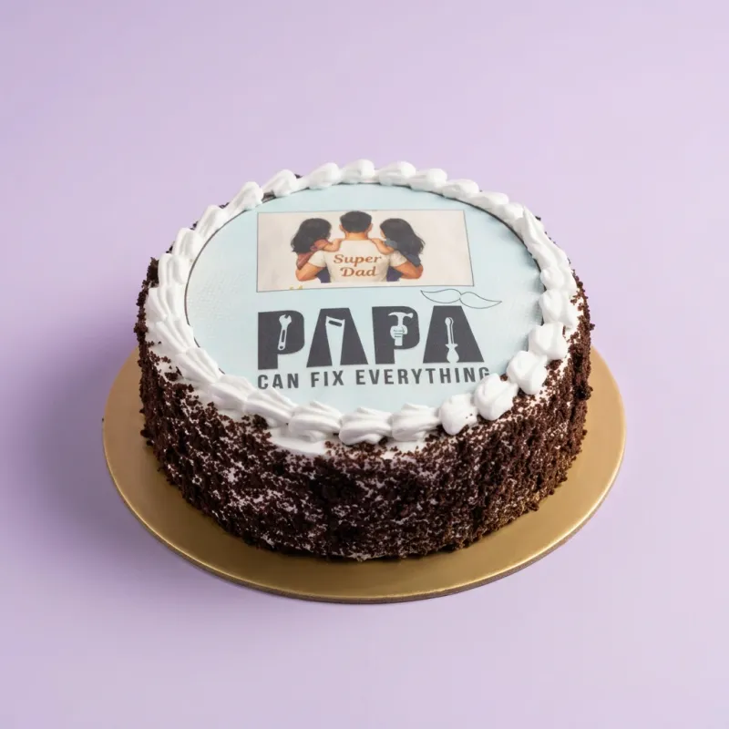 Round bento cake with edible photo print of a father and children and text Papa Can Fix Everything Round bento cake with edible photo print of a father and children and text Papa Can Fix Everything
