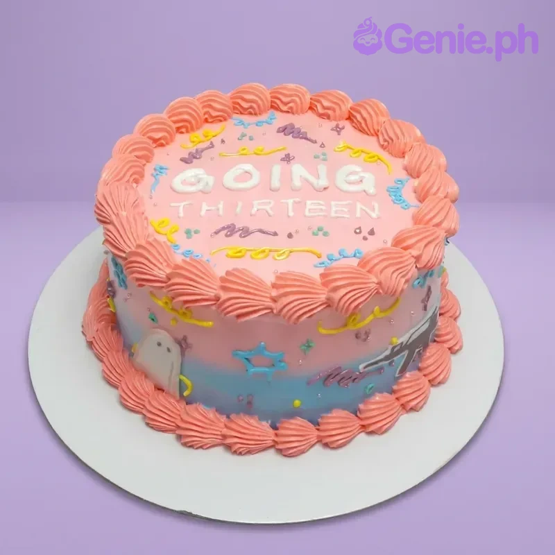 Going Thirteen Pink Birthday Cake A pink and blue gradient 1 Tier cake, themed Going Thirteen, with pink rosettes, colorful doodles, and 'GOING THIRTEEN'.