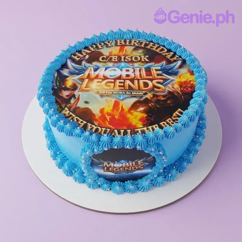 A blue and silver 1-tier cake themed around Mobile Legends, featuring an edible character photo print, silver dragees, and personalized messages.