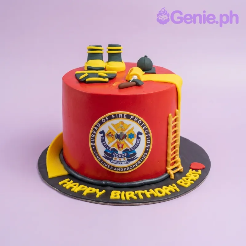 A Red and Black 1 Tier Fondant Firefighter cake, featuring a BFP logo, fire gear, yellow ladder, and fire hose. A Red and Black 1 Tier Fondant Firefighter cake, featuring a BFP logo, fire gear, yellow ladder, and fire hose.