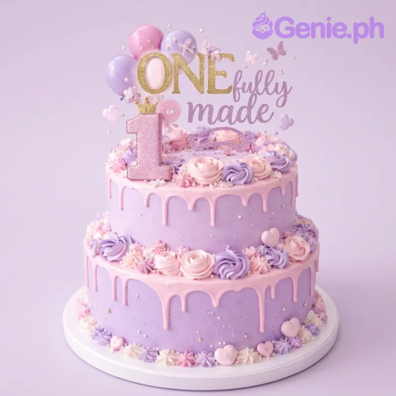 A lavender and pink 2-tier first birthday cake, with gold 'ONE' topper, pink '1', drips and rosettes. A lavender and pink 2-tier first birthday cake, with gold 'ONE' topper, pink '1', drips and rosettes.