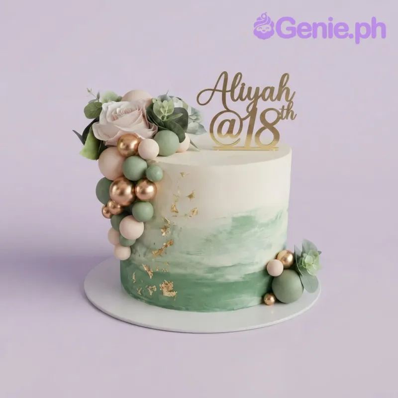 White and green gradient 1-tier soft icing birthday cake with gold acrylic name topper, cascading spheres, and floral clusters White and green gradient 1-tier soft icing birthday cake with gold acrylic name topper, cascading spheres, and floral clusters