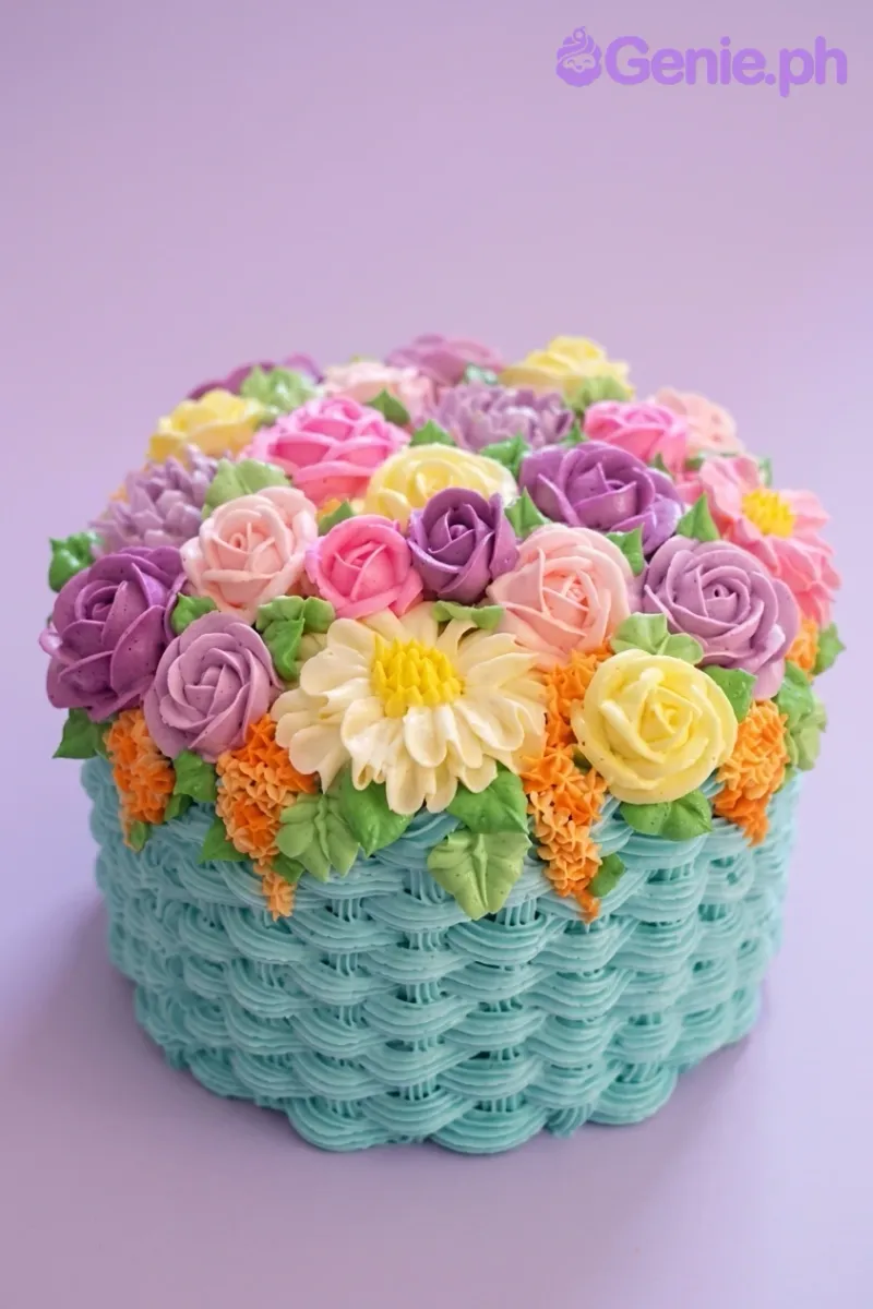 A light blue 1-tier cake themed Floral Basket, with multi-colored icing flowers, green leaves, and basketweave. A light blue 1-tier cake themed Floral Basket, with multi-colored icing flowers, green leaves, and basketweave.