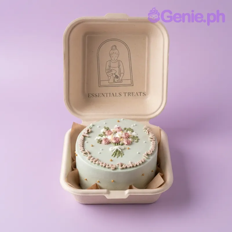 A mint green, pink, and white Bento cake themed around Floral, featuring a piped icing flower bouquet, gold and white pearl sprinkles, and pink text. A mint green, pink, and white Bento cake themed around Floral, featuring a piped icing flower bouquet, gold and white pearl sprinkles, and pink text.