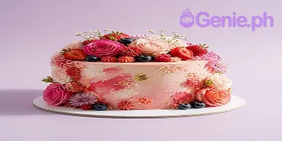 Pink gradient soft-iced cake topped with fresh roses, strawberries, and blueberries on a white cake board Pink gradient soft-iced cake topped with fresh roses, strawberries, and blueberries on a white cake board