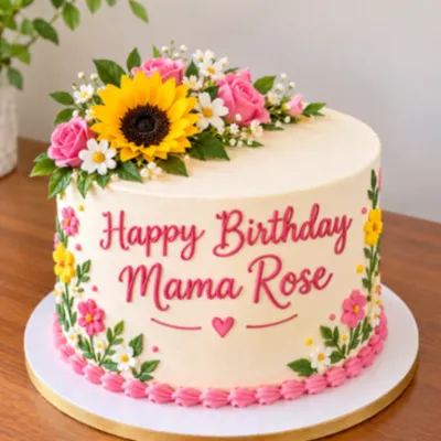 Ivory 1-tier cake with smooth soft icing, a floral birthday cake theme, a large yellow sunflower topper, and pink peonies Ivory 1-tier cake with smooth soft icing, a floral birthday cake theme, a large yellow sunflower topper, and pink peonies