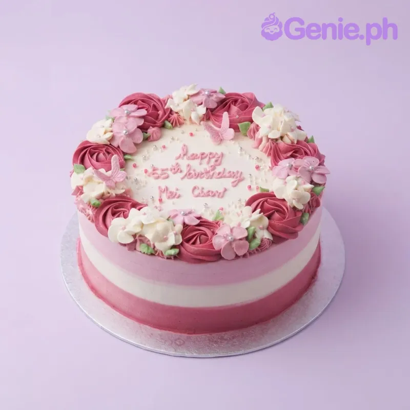 White 1-tier birthday cake with soft icing, dark red and white fondant flowers, and piped pink lettering White 1-tier birthday cake with soft icing, dark red and white fondant flowers, and piped pink lettering