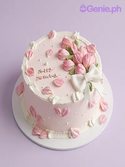 Light pink 1-tier cake with soft icing, hand-piped pink tulip icing art, a white fondant bow, and scattered pink petal accents Light pink 1-tier cake with soft icing, hand-piped pink tulip icing art, a white fondant bow, and scattered pink petal accents