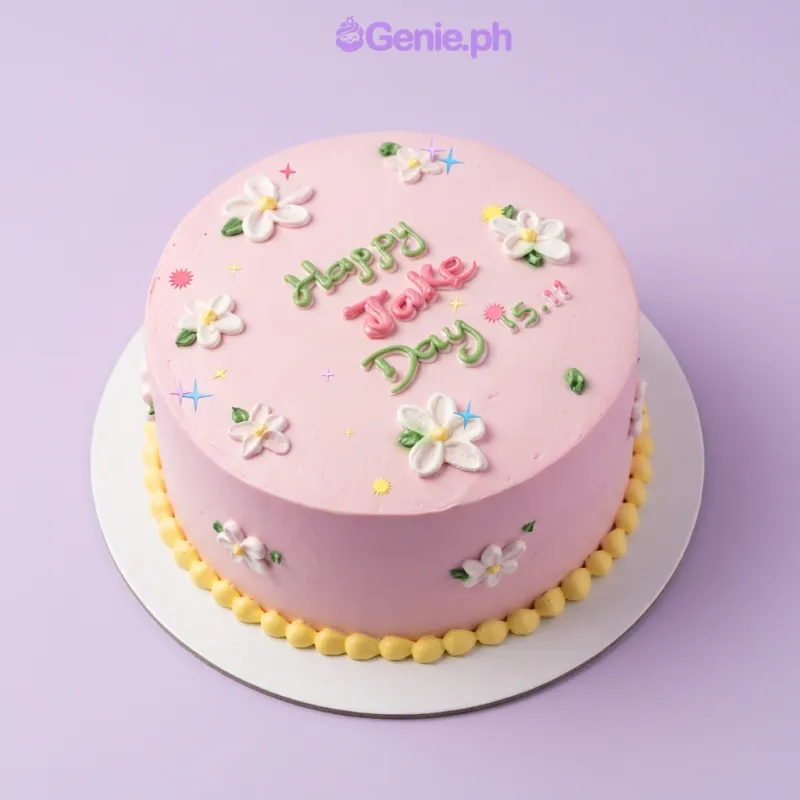 Pink single-tier cake with piped white flowers and yellow border Pink single-tier cake with piped white flowers and yellow border