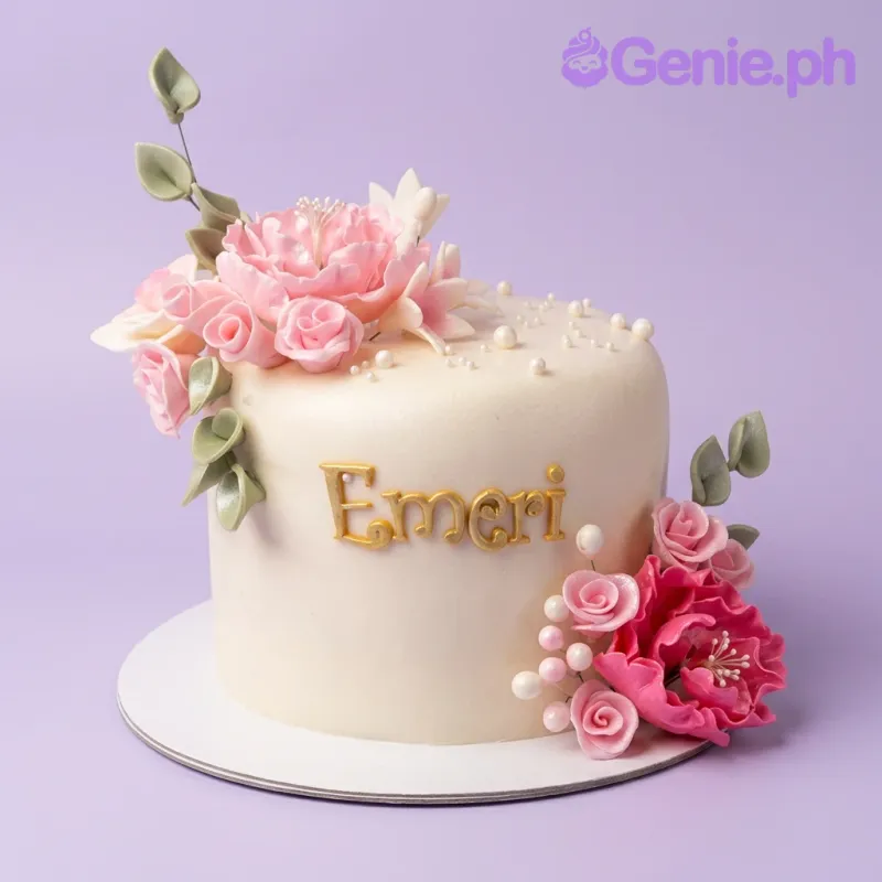 A white, pink, and green 1 Tier cake themed Floral, featuring pink flowers, green leaves, white pearls, and a gold name topper. A white, pink, and green 1 Tier cake themed Floral, featuring pink flowers, green leaves, white pearls, and a gold name topper.