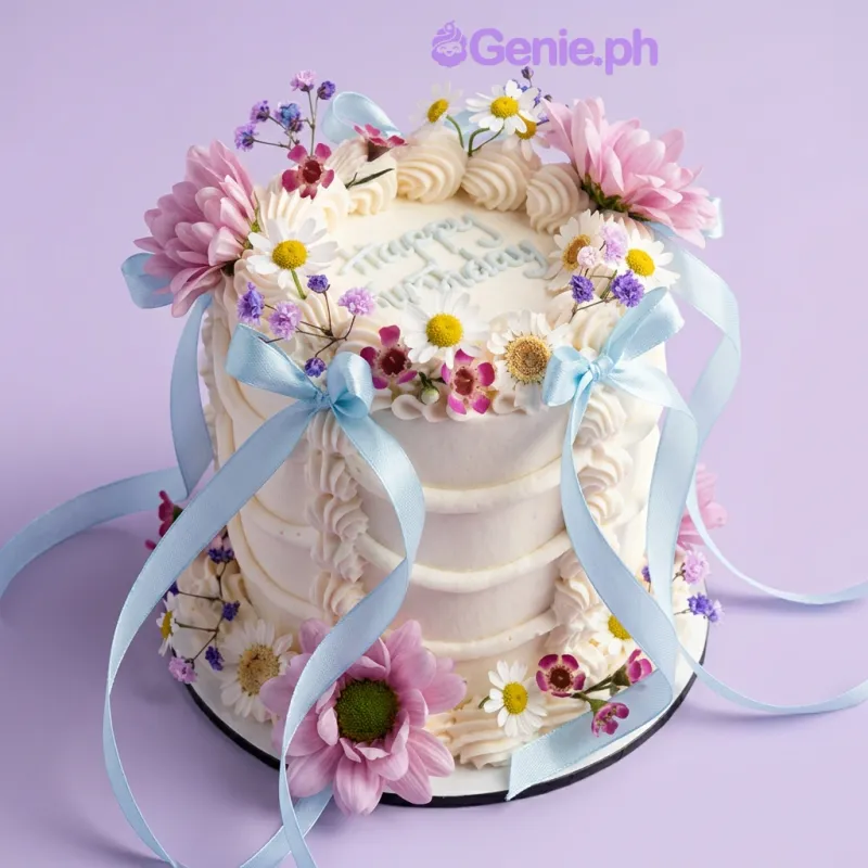 One tier cake with soft white icing, fresh white daisies, pink chrysanthemums, purple baby's breath, blue satin ribbon bows, and a piped border One tier cake with soft white icing, fresh white daisies, pink chrysanthemums, purple baby's breath, blue satin ribbon bows, and a piped border