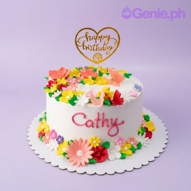 A white 1 Tier round cake with colorful floral butterfly decorations, featuring a gold 'Happy Birthday' topper and the name 'Cathy'. A white 1 Tier round cake with colorful floral butterfly decorations, featuring a gold 'Happy Birthday' topper and the name 'Cathy'.