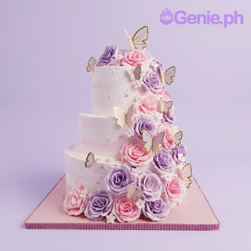 A white, pink, purple three-tier cake themed Floral Butterfly, featuring gold butterflies and gumpaste roses. A white, pink, purple three-tier cake themed Floral Butterfly, featuring gold butterflies and gumpaste roses.