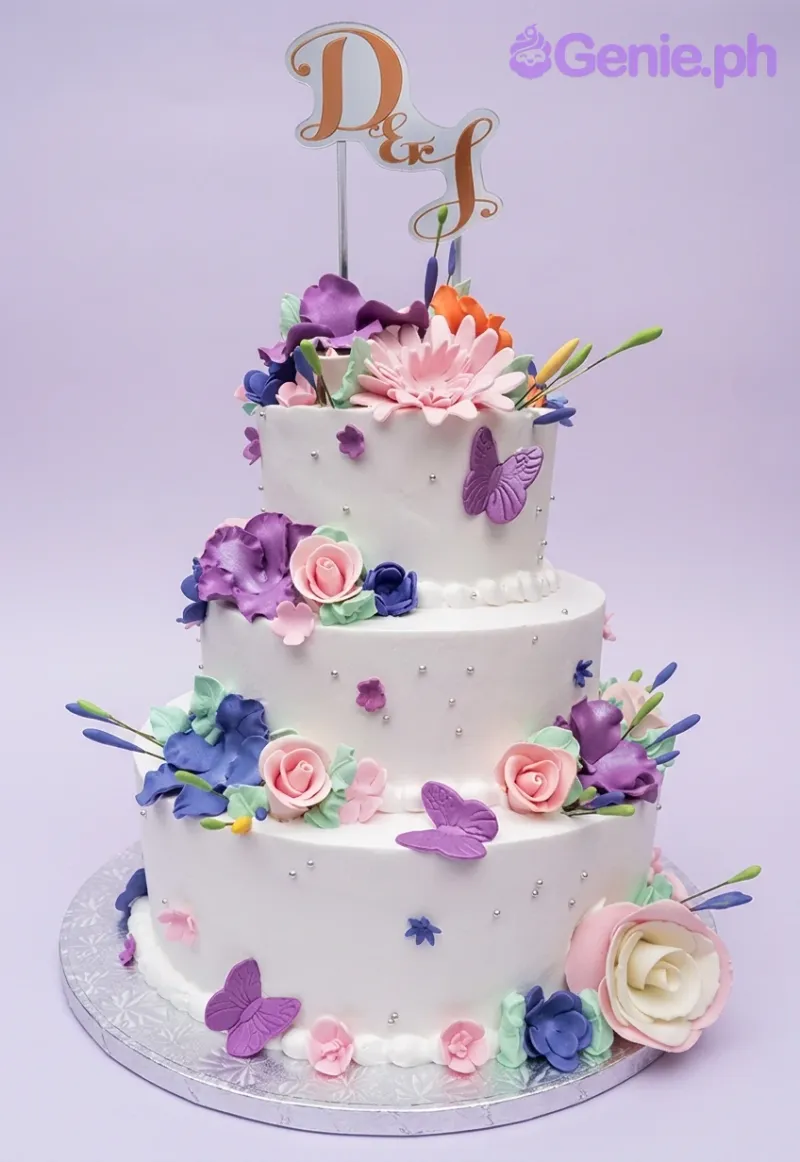 A white 3-tier Floral Butterfly cake, featuring gold initials D and S, pink and purple flowers, purple butterflies, and silver dragees. A white 3-tier Floral Butterfly cake, featuring gold initials D and S, pink and purple flowers, purple butterflies, and silver dragees.