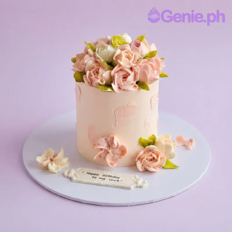 Crisp white 1-tier cake with smooth soft icing, floral cake theme, piped buttercream roses, and pink blossoms Crisp white 1-tier cake with smooth soft icing, floral cake theme, piped buttercream roses, and pink blossoms