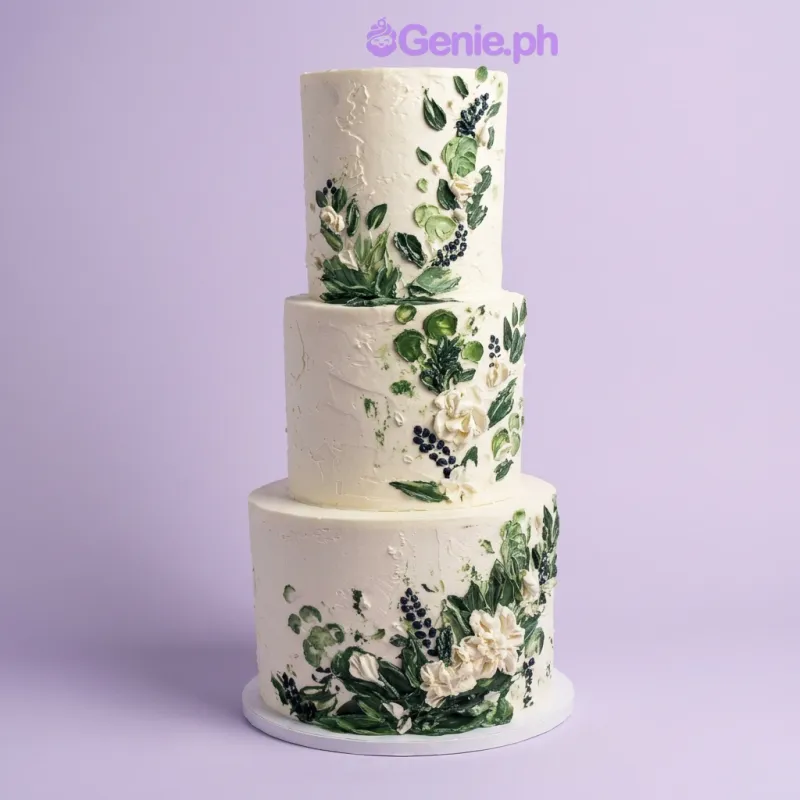 White 3-tier cake with palette knife piped floral decorations in green and white White 3-tier cake with palette knife piped floral decorations in green and white